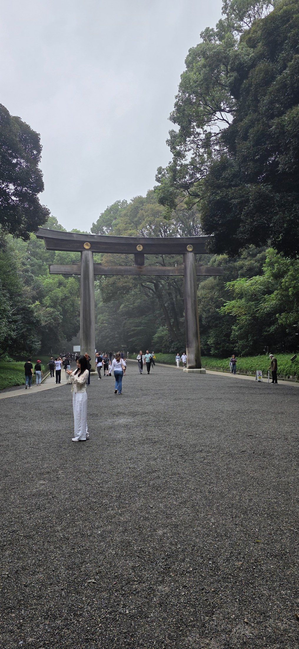 Traditionelles Torii im grünen Park von Tokio